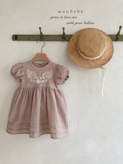 刺繡花朵澎袖格紋包屁衣/洋裝(2color)18