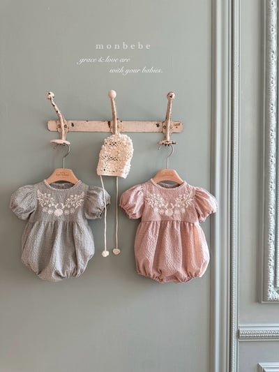 刺繡花朵澎袖格紋包屁衣/洋裝(2color)3