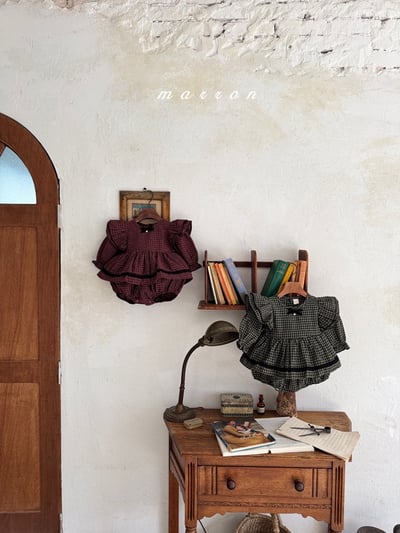 珍珠ribbon飛袖小格紋包屁裙*現貨綠18m6