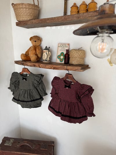 珍珠ribbon飛袖小格紋包屁裙*現貨綠18m4