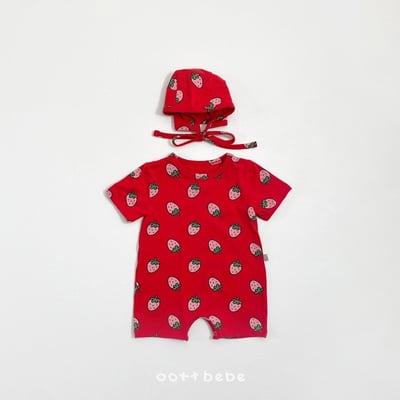 滿版草莓連身爬服+帽set4