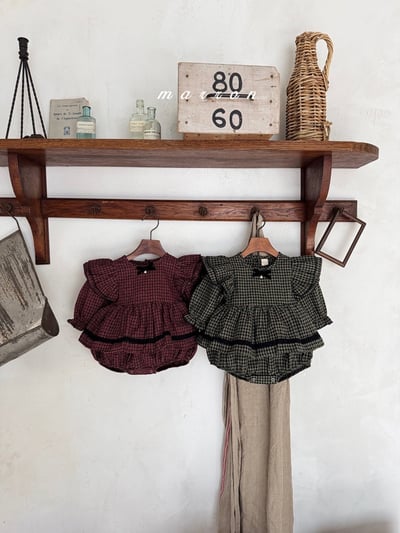 珍珠ribbon飛袖小格紋包屁裙*現貨綠18m5