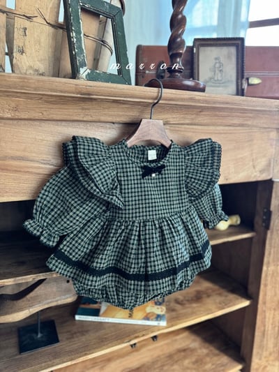 珍珠ribbon飛袖小格紋包屁裙*現貨綠18m15