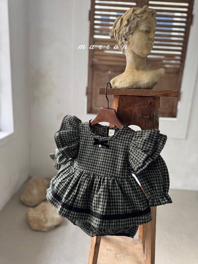 珍珠ribbon飛袖小格紋包屁裙*現貨綠18m18