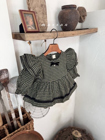 珍珠ribbon飛袖小格紋包屁裙*現貨綠18m12