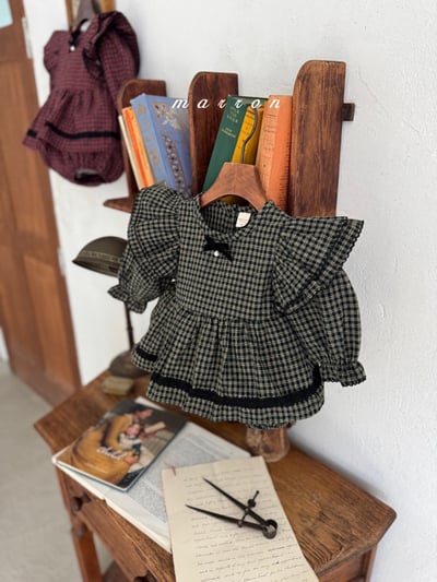 珍珠ribbon飛袖小格紋包屁裙*現貨綠18m9