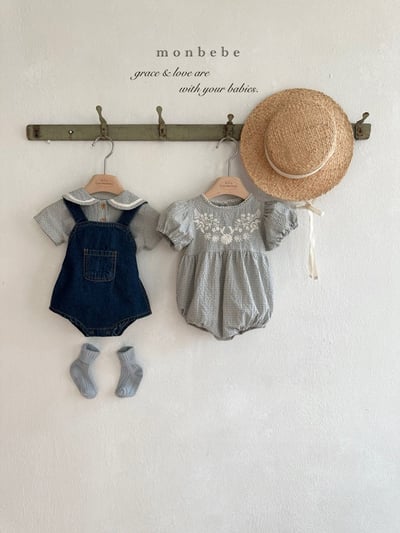 刺繡花朵澎袖格紋包屁衣/洋裝(2color)14