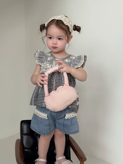 鑲邊蕾絲格紋上衣/皺褶口袋牛仔褲3