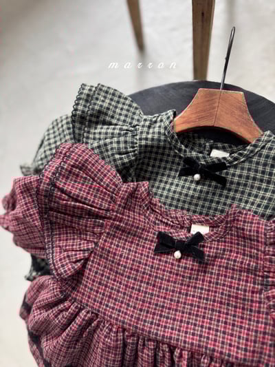 珍珠ribbon飛袖小格紋包屁裙*現貨綠18m2