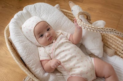 櫻桃側開扣包屁衣*現貨藍6m8