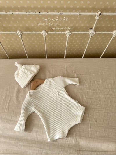 小口袋紋理包屁衣+寶寶帽set3