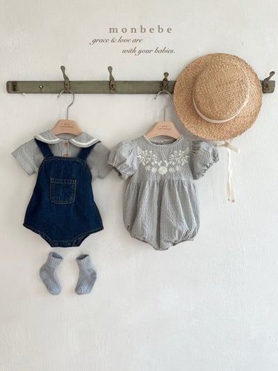 刺繡花朵澎袖格紋包屁衣/洋裝(2color)13