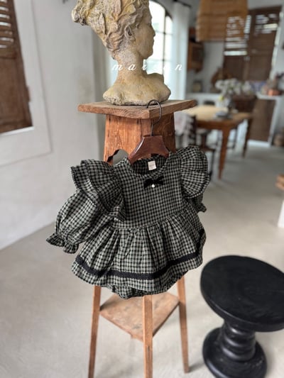 珍珠ribbon飛袖小格紋包屁裙*現貨綠18m16