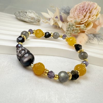 平安擋煞/招財納福-《銀曜貔貅黃玉蓮花手鍊》3