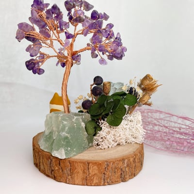 招財/貴人/開運-《螢石紫水晶發財樹水晶樹咖啡貓咪擺件》5