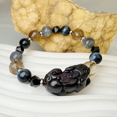 招財擋煞/水晶能量-《彩虹黑曜貔貅·多寶水晶手鍊》2