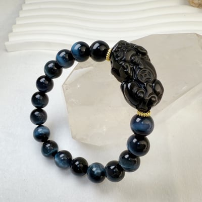 彩虹眼貔貅/招財擋煞-《彩虹黑曜貔貅藍虎眼手鍊》4