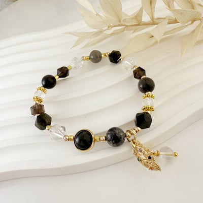 一葉致富/平安招財《黑曜金葉子水晶手鍊》2