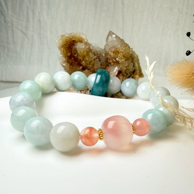 珍品收藏/守護的能量-《豆青種翡翠南紅飄花手鍊》4