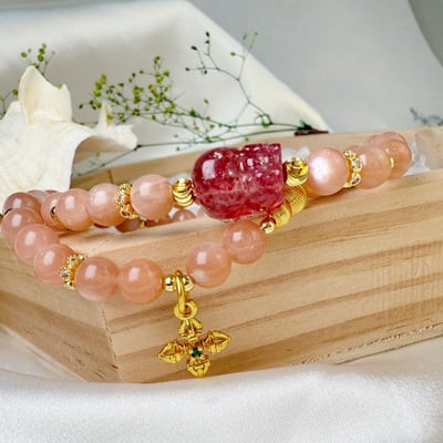 旺運勢/正能量-《頂級草莓貔貅橙月光雙圈手鍊》2