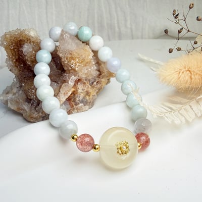 珍品收藏/守護的能量-《豆青種翡翠白玉髓平安扣手鍊》4