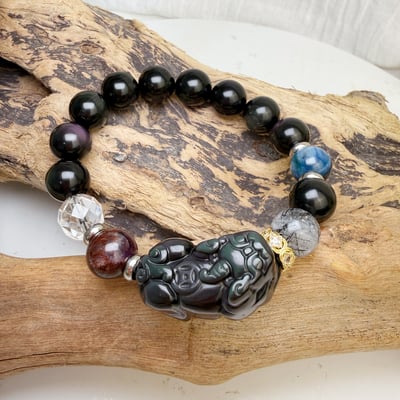 招財擋煞/水晶能量-《彩虹黑曜貔貅多寶水晶手鍊》2