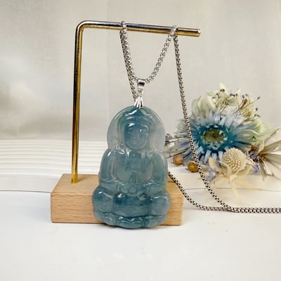 平安吉祥/心靈安定-《瓜料藍水種觀音翡翠項鍊》2