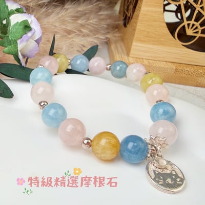 正能量/釋放壓力-《純銀貓咪與魚高檔摩根石手鍊》3