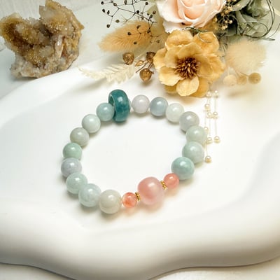 珍品收藏/守護的能量-《豆青種翡翠南紅飄花手鍊》5