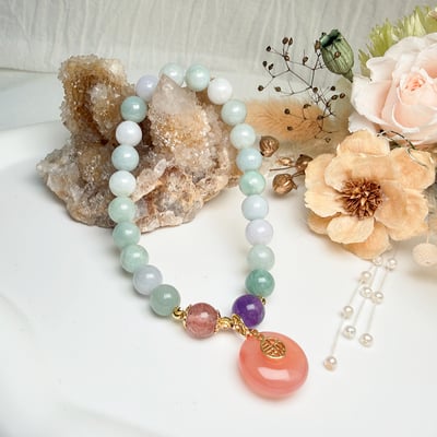 珍品收藏/守護的能量-《豆青種翡翠南紅平安扣手鍊》3