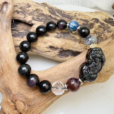 招財擋煞/水晶能量-《彩虹黑曜貔貅多寶水晶手鍊》3