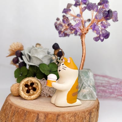 招財/貴人/開運-《螢石紫水晶發財樹水晶樹咖啡貓咪擺件》6