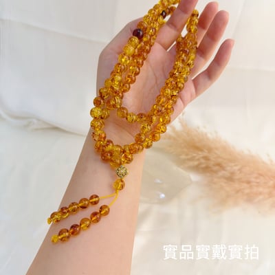 擋煞招財/天然琥珀-《9.5mm黃金花珀·108琥珀唸珠》6