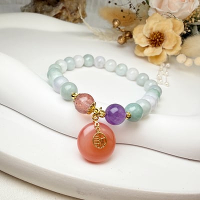 珍品收藏/守護的能量-《豆青種翡翠南紅平安扣手鍊》4