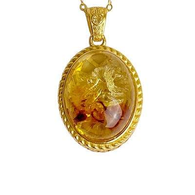 辟邪去災/招財納福-《蛋面黃金花珀琥珀項鍊》-21