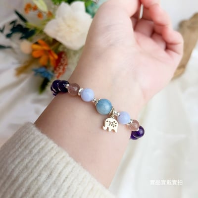 純銀大象/貴人相助-《銀大象藍紋瑪瑙草莓晶海藍寶紫水晶手鍊》7