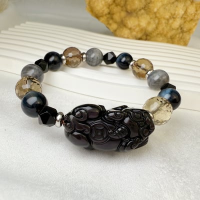 招財擋煞/水晶能量-《彩虹黑曜貔貅·多寶水晶手鍊》6