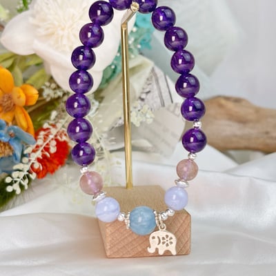 純銀大象/貴人相助-《銀大象藍紋瑪瑙草莓晶海藍寶紫水晶手鍊》5