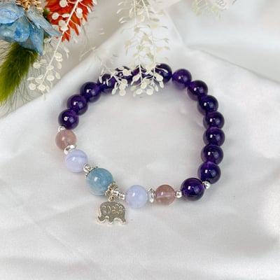 純銀大象/貴人相助-《銀大象藍紋瑪瑙草莓晶海藍寶紫水晶手鍊》6