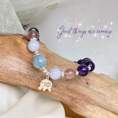 純銀大象/貴人相助-《銀大象藍紋瑪瑙草莓晶海藍寶紫水晶手鍊》3