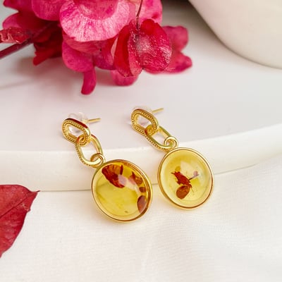 辟邪去災/招財納福-《環環相扣黃金花珀蛋面耳環》7