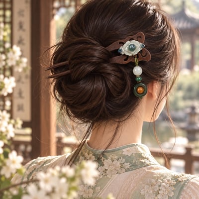 高質感工藝-《綠檀鑲翡翠雙叉髮簪》6