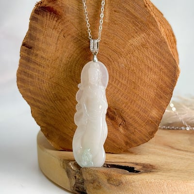 平安吉祥/心靈安定-《淡綠飄花緬甸玉觀音項鍊》5