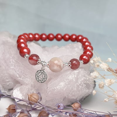 避邪擋煞 / 開運招財-《櫻花瑪瑙 草莓晶 帝王砂硃砂手鍊》2