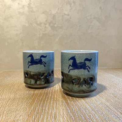 大堀相馬燒 京月窯 藍馬雙層茶杯（單個）1