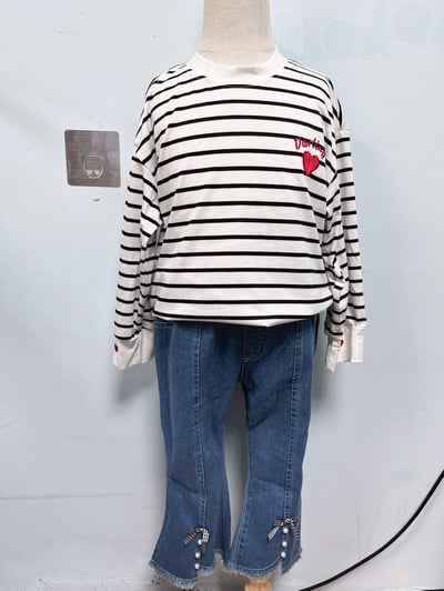 【Pearl Bow 韓系◆喇叭◆牛仔.俏皮珍珠蝴蝶結點綴｜長褲】4