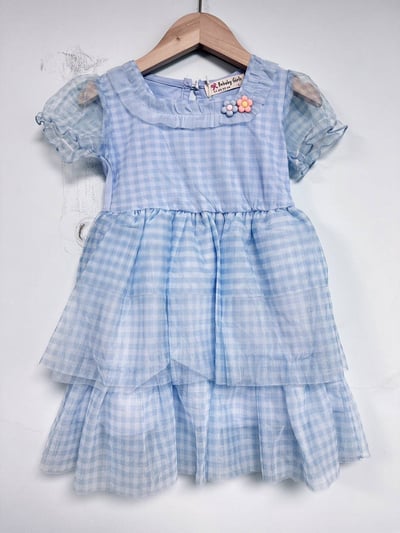 【Dream Blue Grid夢幻藍格柔紗蛋糕層次｜連身裙】1