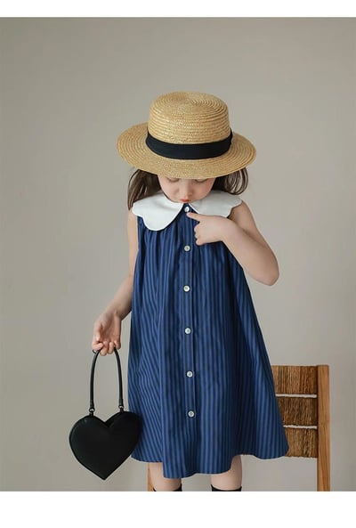 【優雅條紋娃娃領無袖連身裙】1