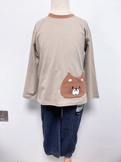 【Cat Pocket 韓系◆精棉◆咖綠色.可愛貓咪小口袋｜薄長T】4