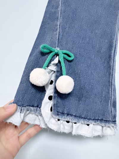 【Mini Cherry Lace Denim ◆韓系◆櫻桃喇叭褲】3